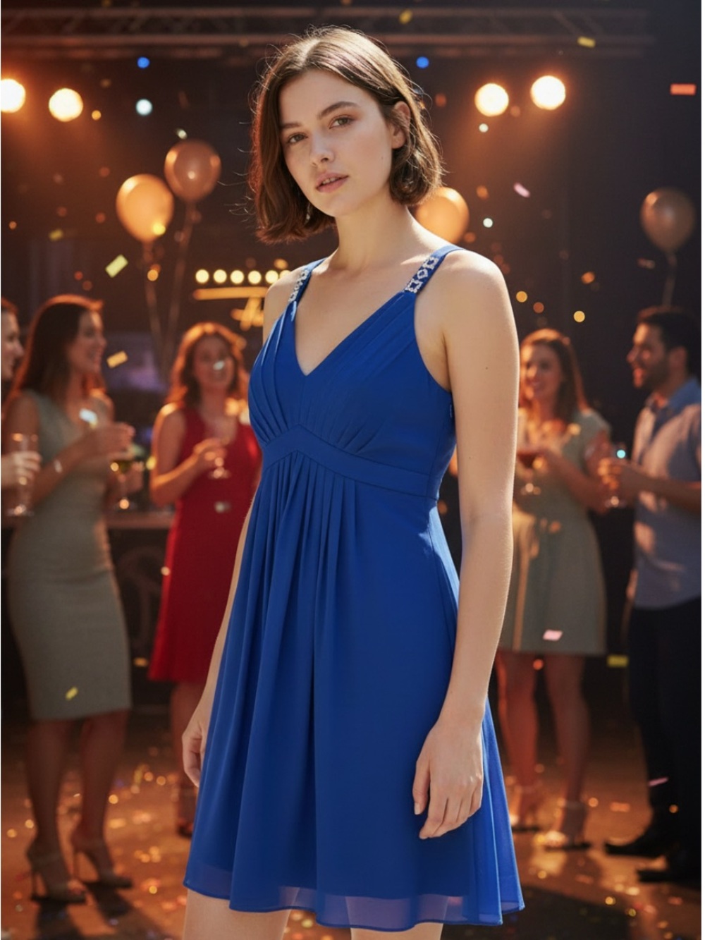 Evan Picone Royal Blue Beaded-Strap Pleated Midi Dress - size 16